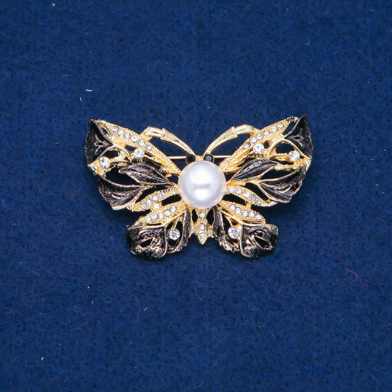 Sale! Butterfly Brooch, Gold-Tone Metal, Black Enamel, White Rhinestones and Bead 46x30mm +