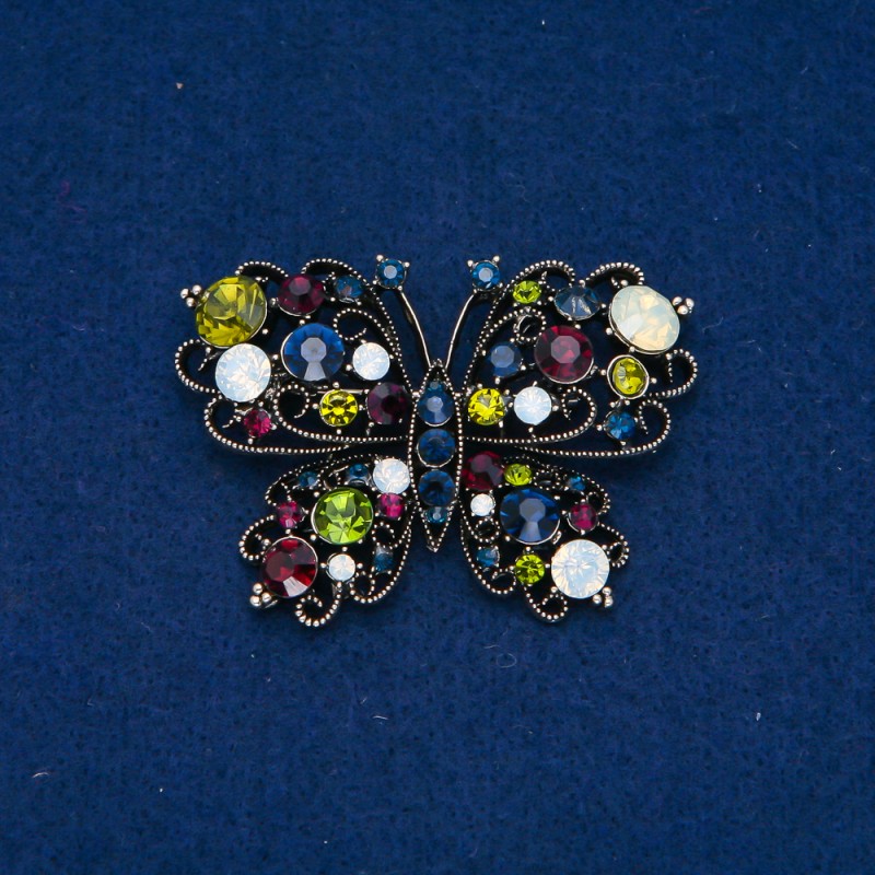Sale! Butterfly Brooch, Dark Gold-Tone Metal, White Rhinestones 38x54mm +
