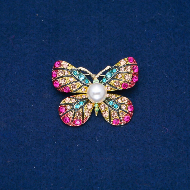 Sale! Butterfly Brooch, Gold-Tone Metal, Multicolor Rhinestones and Bead 33x42mm +