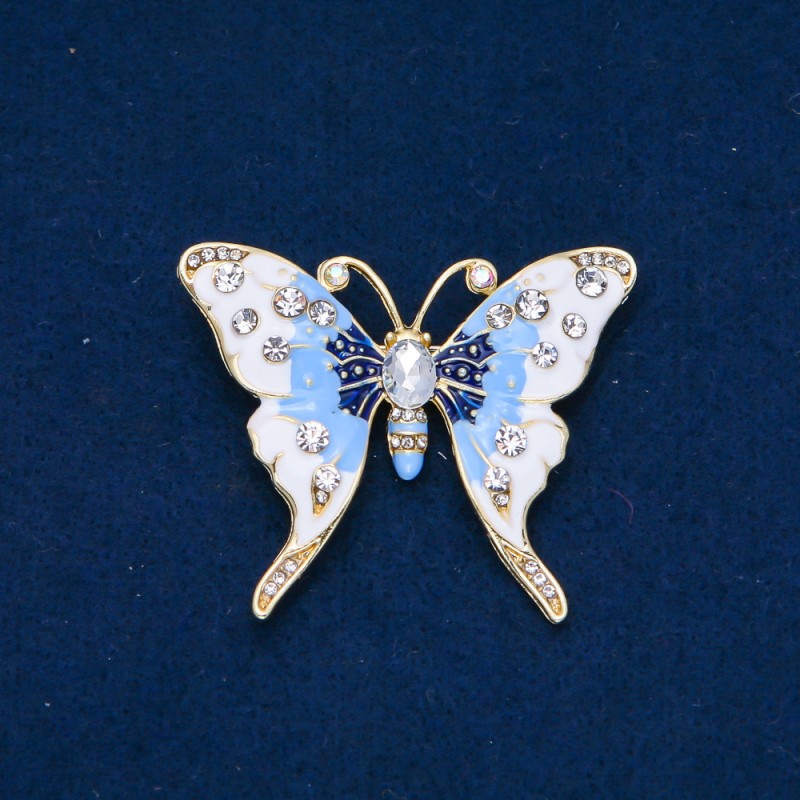 Sale! Butterfly Brooch, Gold-Tone Metal, Enamel, White and Petrol Rhinestones, 52x42mm +