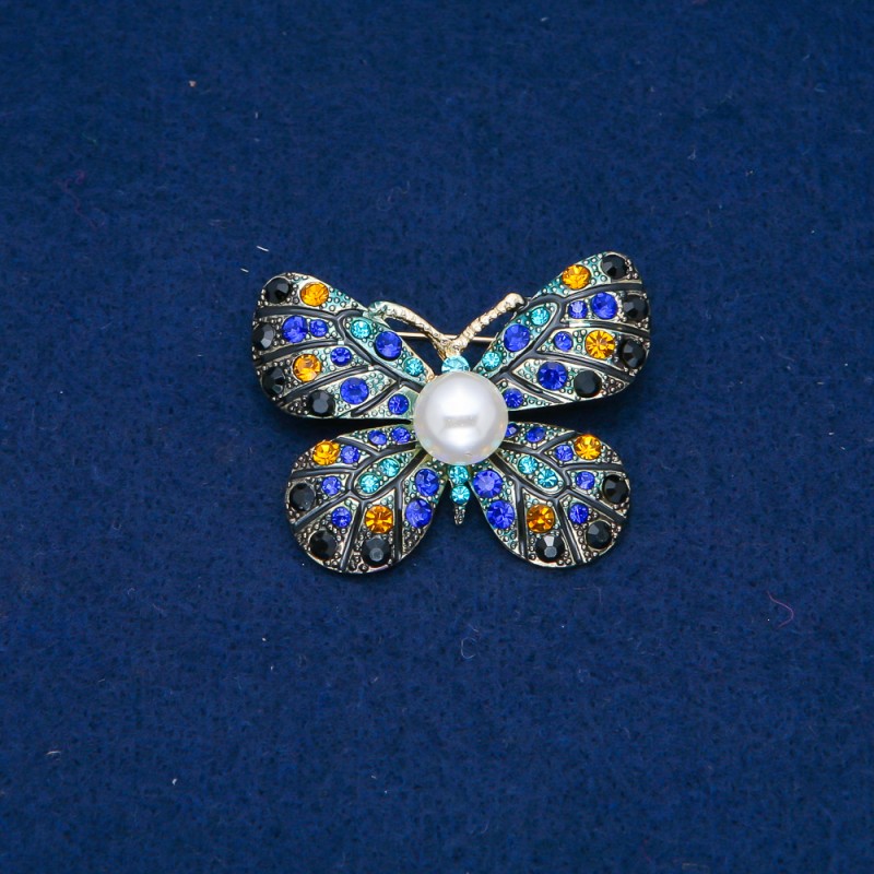 Sale! Butterfly Brooch, Gold-Tone Metal, Yellow, Blue and Black Rhinestones and Bead, 32x42mm +