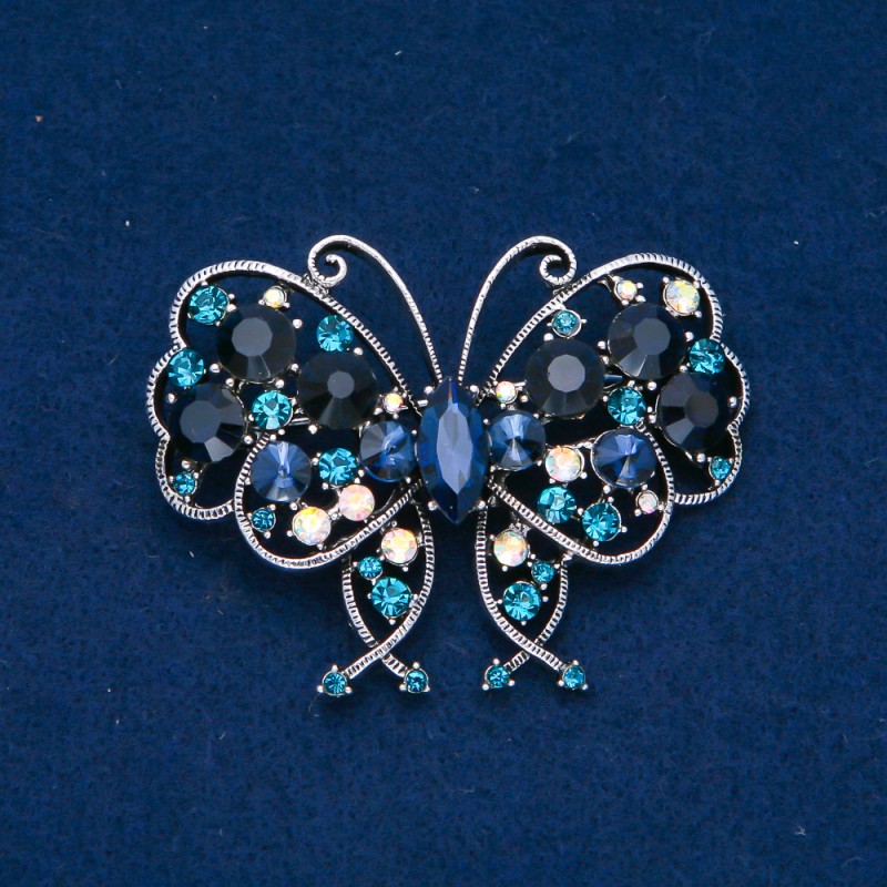 Sale! Butterfly Brooch, Silver-Tone Metal, Blue, White Petrol and Blue Rhinestones, 61x48mm +