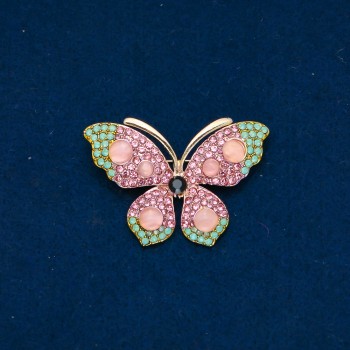 Sale! Butterfly Brooch, Gold-Tone Metal, Pink and Turquoise Rhinestones and Pink Beads, 34x48mm +