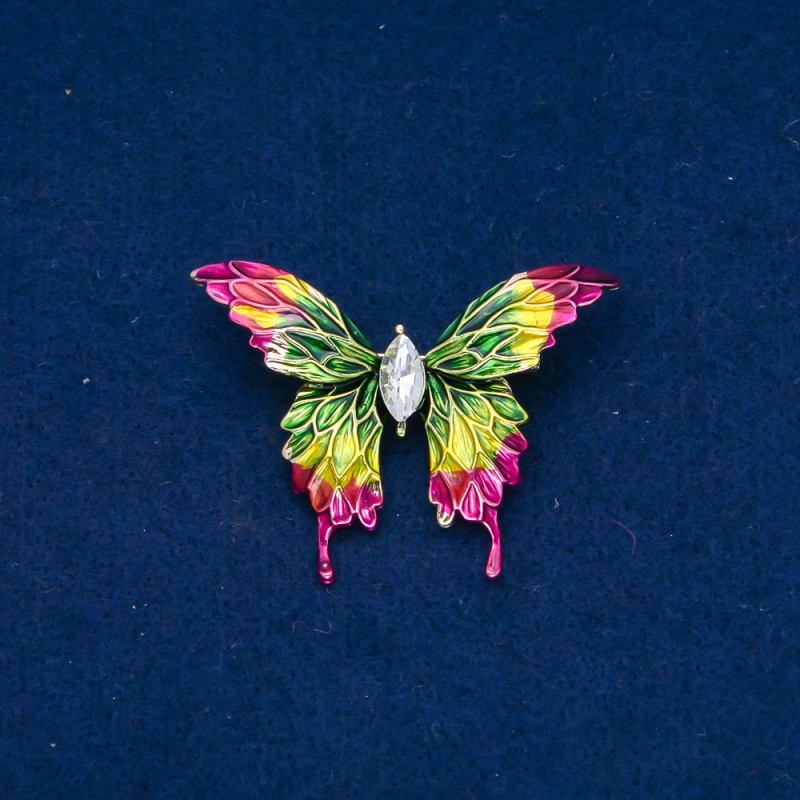 Sale! Butterfly Brooch, Gold-Tone Metal, Enamel and White Crystal, 38x50mm +