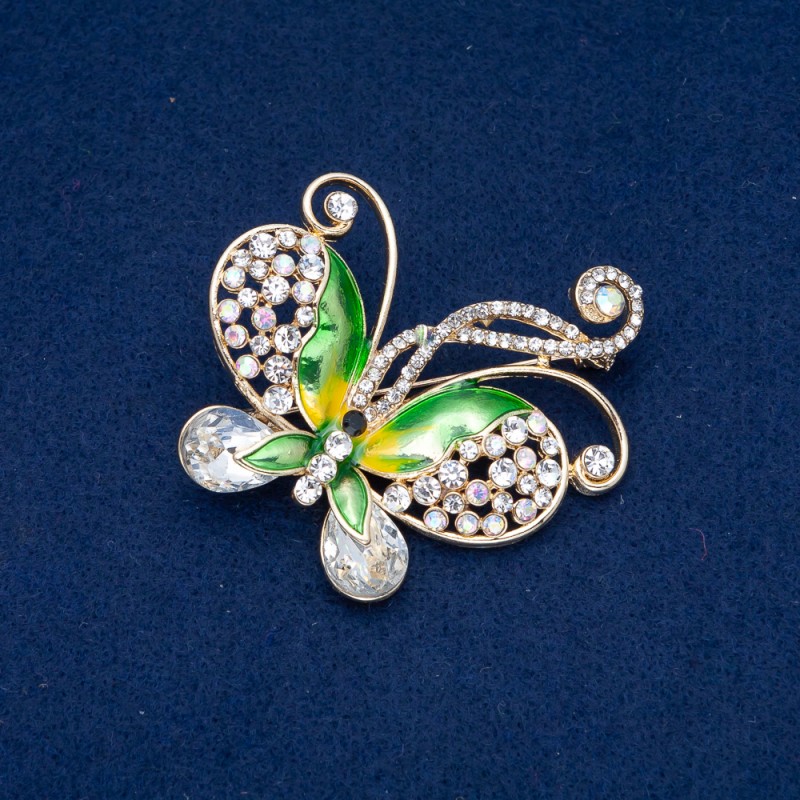 Sale! Butterfly Brooch, Gold-Tone Metal, White and Petrol Rhinestones, Enamel and White Crystals, 52x55mm +