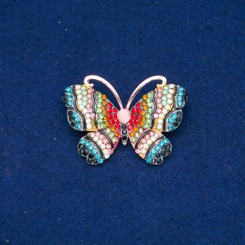 Sale! Butterfly Brooch, Gold-Tone Metal, Multicolor Rhinestones and Bead, 34x45mm +