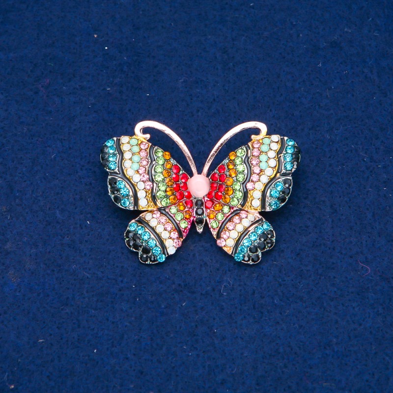 Sale! Butterfly Brooch, Gold-Tone Metal, Multicolor Rhinestones and Bead, 34x45mm +