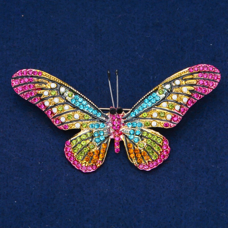 Sale! Butterfly Brooch, Gold-Tone Metal, Multicolor Rhinestones, 42x82mm +