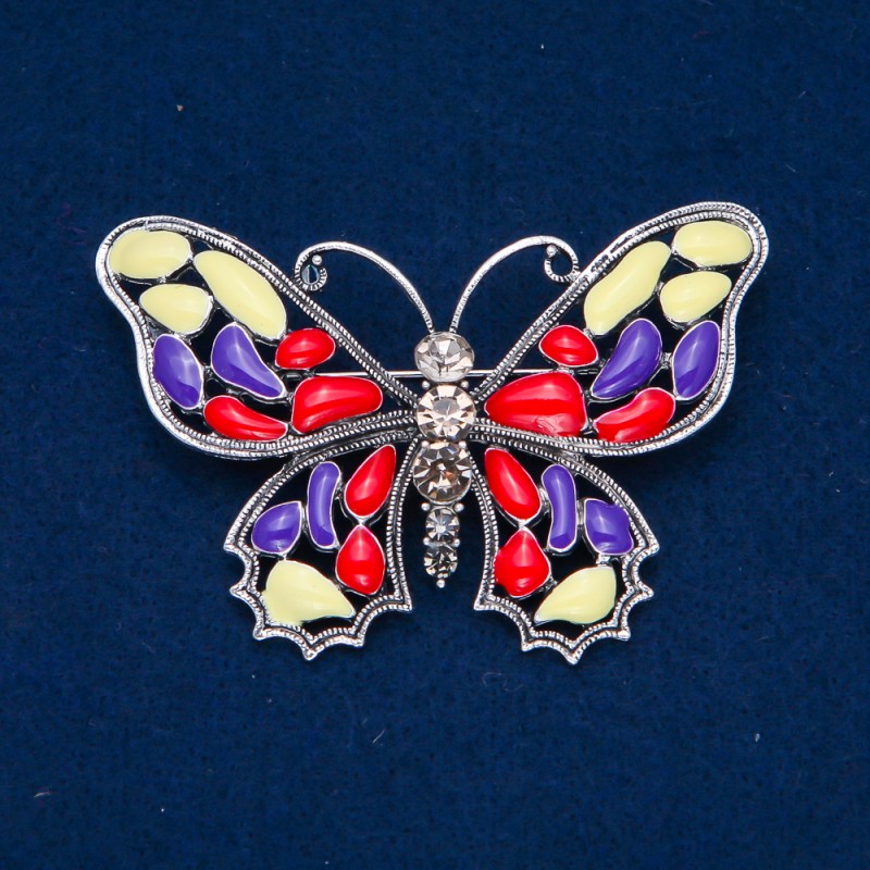 Sale! Butterfly Brooch, Silver-Tone Metal, Enamel and White Rhinestones, 48x70mm +