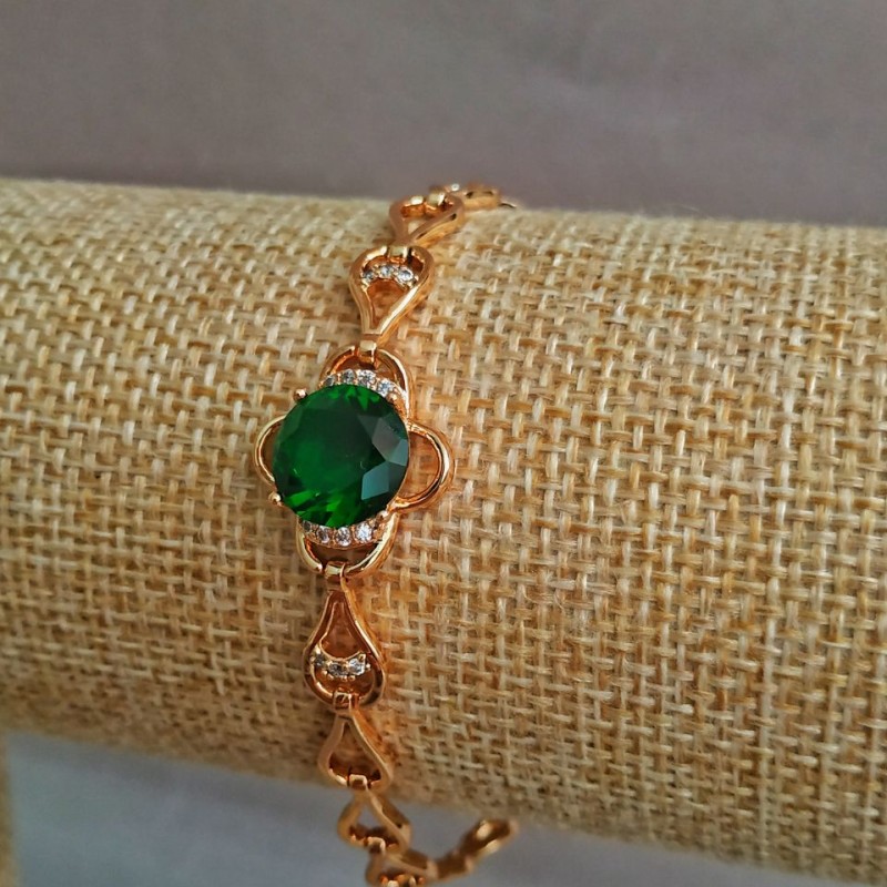 Xuping Bracelet 18K Gold Plated with White Rhinestones and Green Crystal, length 16-17cm, thickness 6mm+