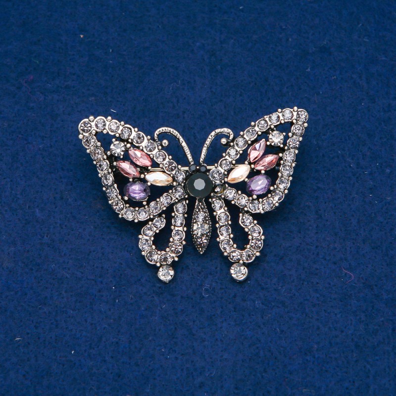 Sale! Butterfly Brooch, Dk. Gold-Tone Metal, Gray, Purple, Pink and Yellow Rhinestones, 38x52mm +
