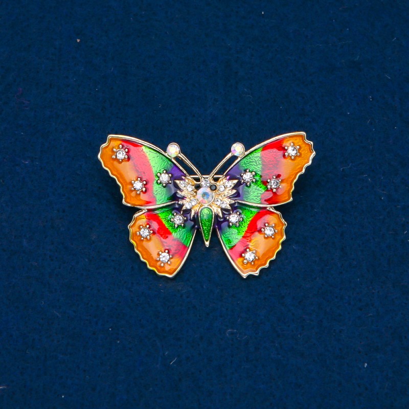 Sale! Butterfly Brooch, Gold-Tone Metal, Enamel and White Petrol Rhinestones, 30x44mm +