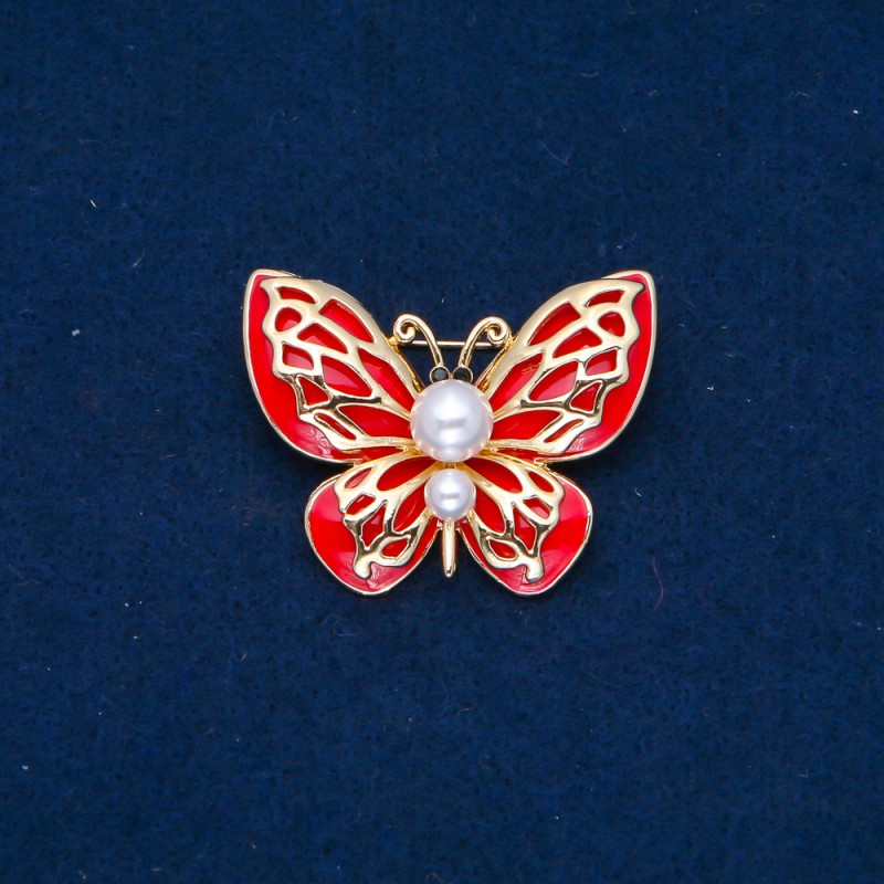 Sale! Butterfly Brooch, Gold-Tone Metal, Enamel and Beads, 30x40mm +