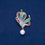 Sale! Butterfly Brooch, Gold-Tone Metal, Enamel, Bead, Green and Blue Rhinestones, 35x40mm +