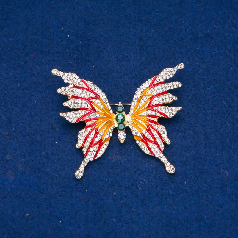 Sale! Butterfly Brooch, Gold-Tone Metal, Enamel and White and Green Rhinestones, 42x50mm +