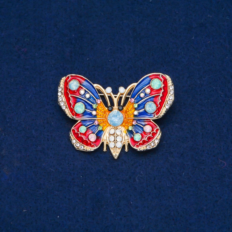 Sale! Butterfly Brooch, Gold-Tone Metal, Enamel and White, Light Blue, Lime Green and Pink Rhinestones, 30x45mm +