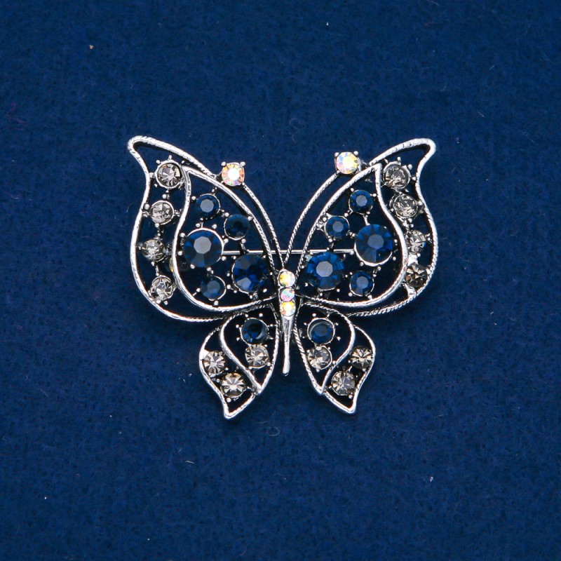 Sale! Butterfly Brooch, Silver-Tone Metal, Dk. Blue, Gray, White and Petrol Rhinestones, 46x52mm +