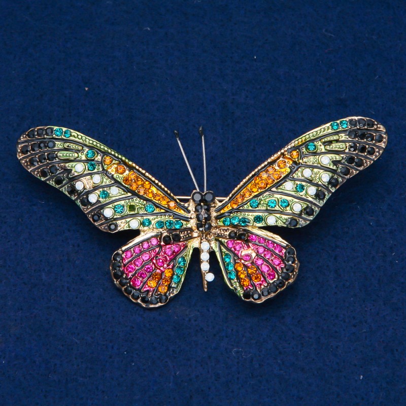 Sale! Butterfly Brooch, Gold-Tone Metal, Multicolor Rhinestones, 42x82mm +