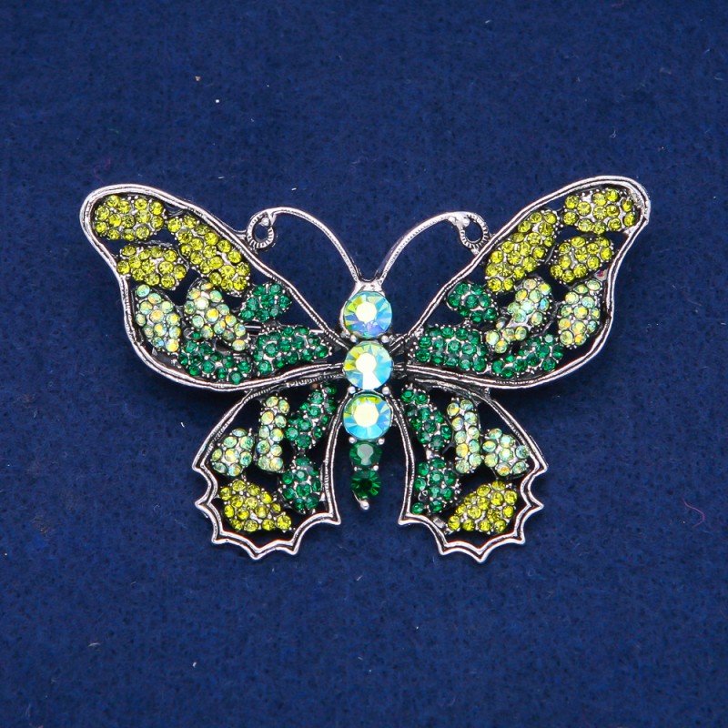 Sale! Butterfly Brooch, Silver-Tone Metal, Green, Light Green and Petrol Rhinestones, 48x71mm +