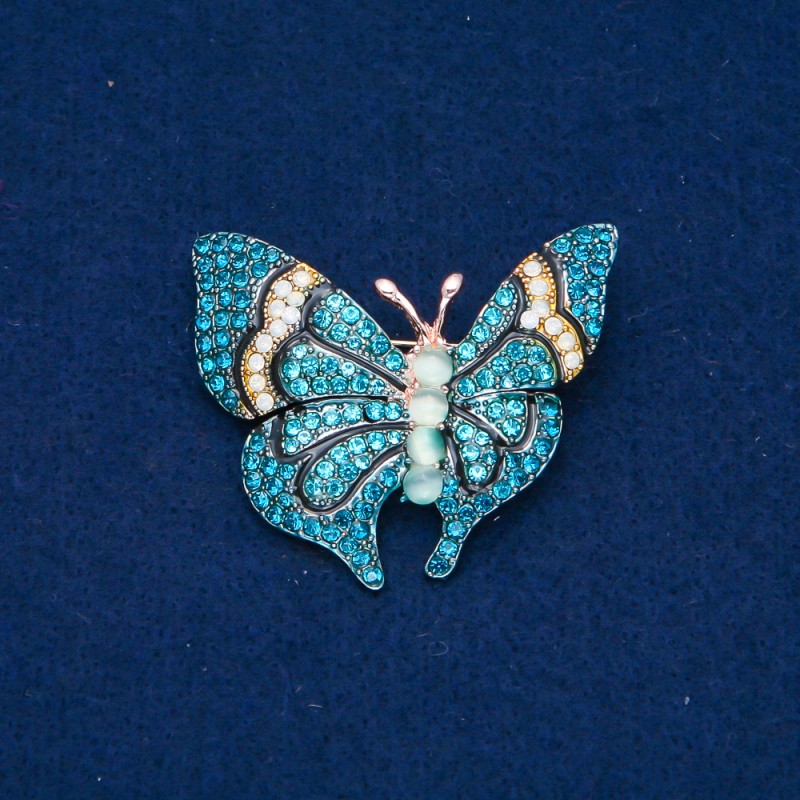 Sale! Butterfly Brooch, Gold-Tone Metal, Blue and White Rhinestones and Beads, 37x45mm +