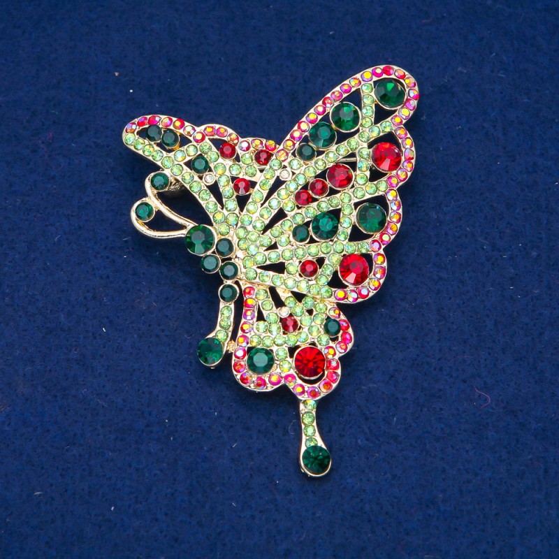 Sale! Butterfly Brooch, Light Green, Green, Burgundy and Petrol Rhinestones, Gold-Tone Metal, 75x50mm +