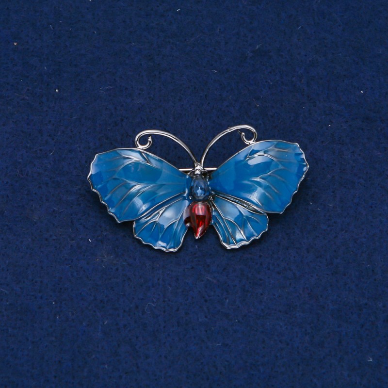 Sale! Butterfly Brooch, Dk. Silver-Tone Metal, Enamel, Blue Rhinestone, 48x27mm +