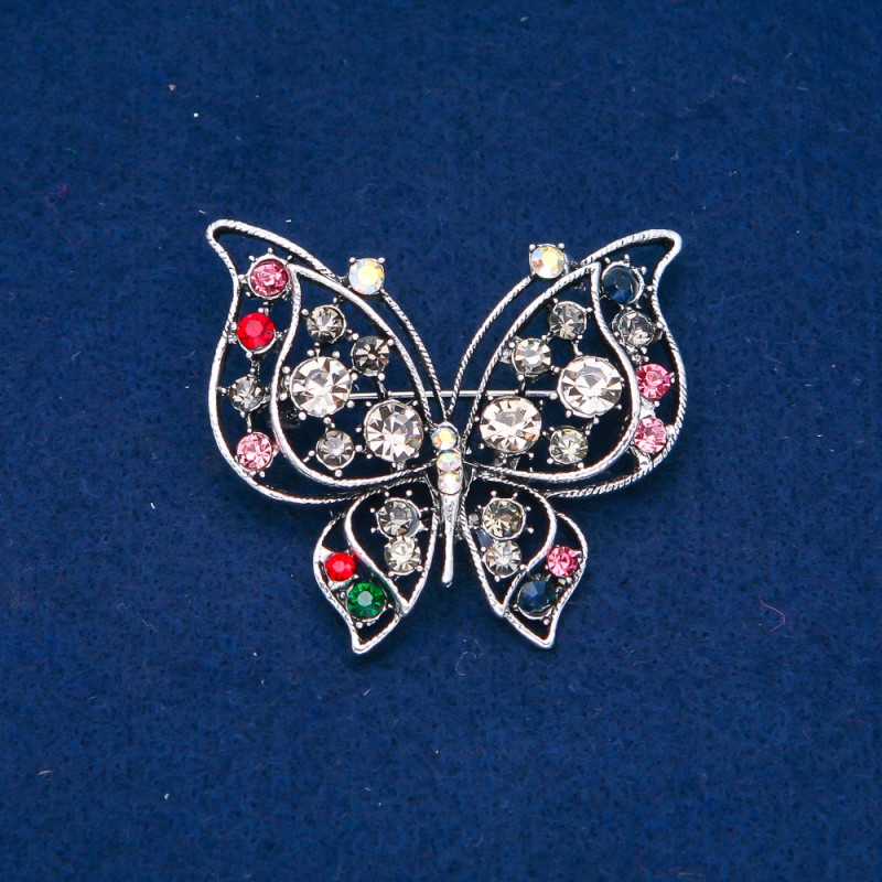 Sale! Butterfly Brooch Silver-Tone Metal, Pink, Gray, and Petrol Rhinestones 46x52mm +