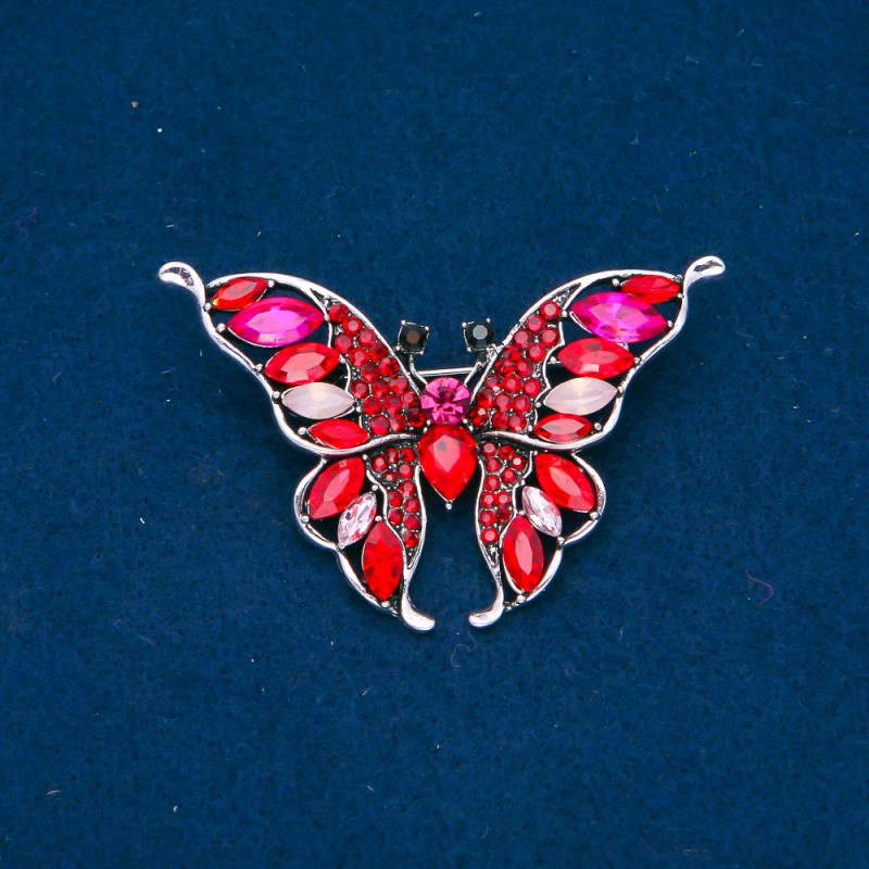 Sale! Butterfly Brooch Silver-Tone Metal, Red, Pink and White Rhinestones 37x60mm +