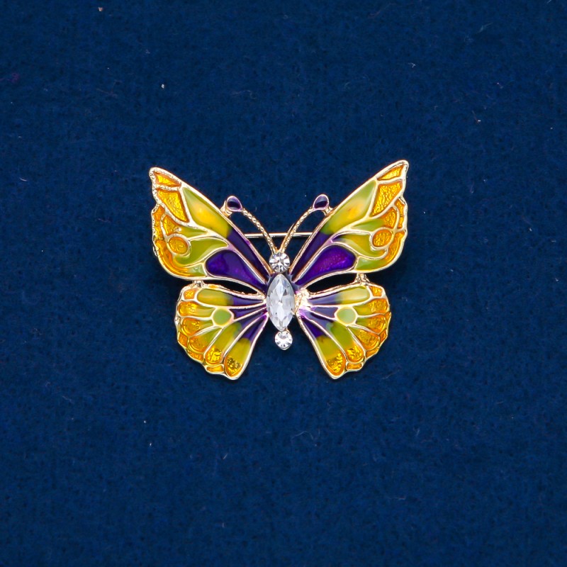 Sale! Butterfly Brooch Gold-Tone Metal, Enamel and White Rhinestone 37x30mm +