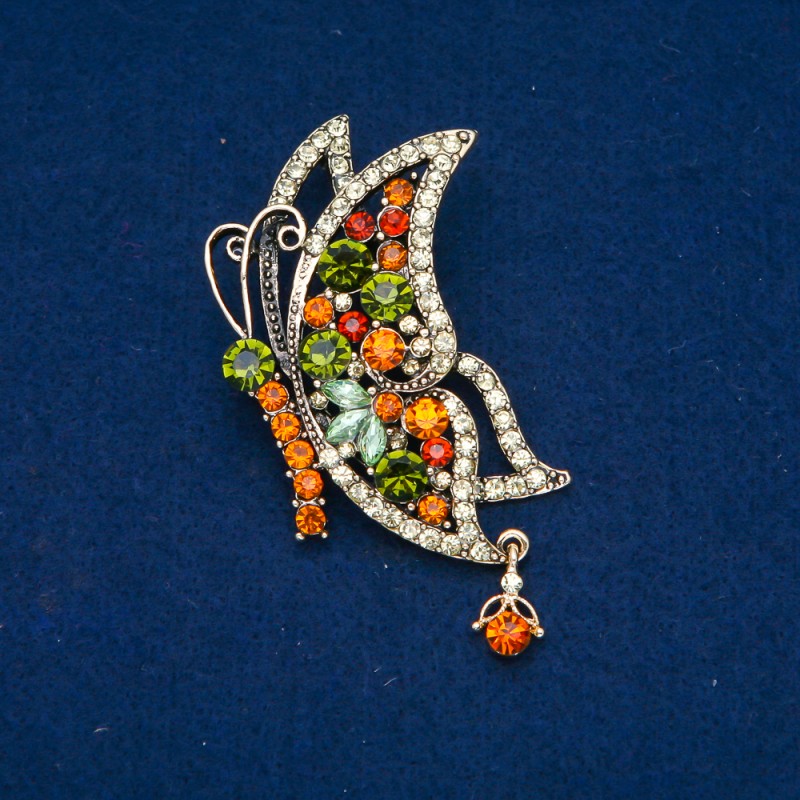 Sale! Butterfly Brooch Gold-Tone Metal, Gold-Tone, Green and Yellow Rhinestones 38x60mm +