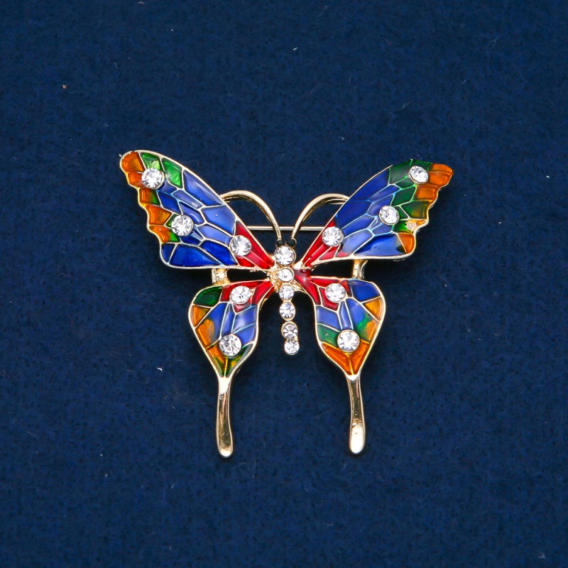 Sale! Butterfly Brooch Gold-Tone Metal, Enamel and White Rhinestones 48x54mm +
