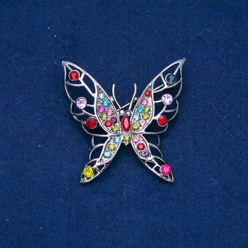 Sale! Butterfly Brooch Dark Silver-Tone Metal, Multicolor Rhinestones 47x46mm +