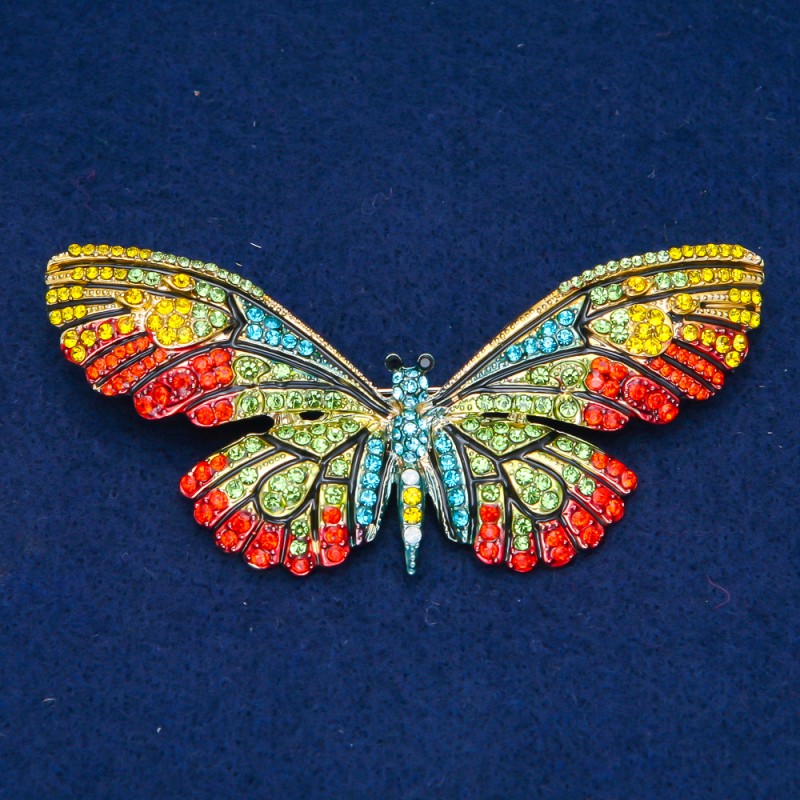 Sale! Butterfly Brooch Gold-Tone Metal, Multicolor Rhinestones 81x37mm +