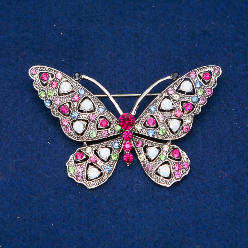 Sale! Butterfly Brooch Gold-Tone Metal, Multicolor Rhinestones 46x70mm +