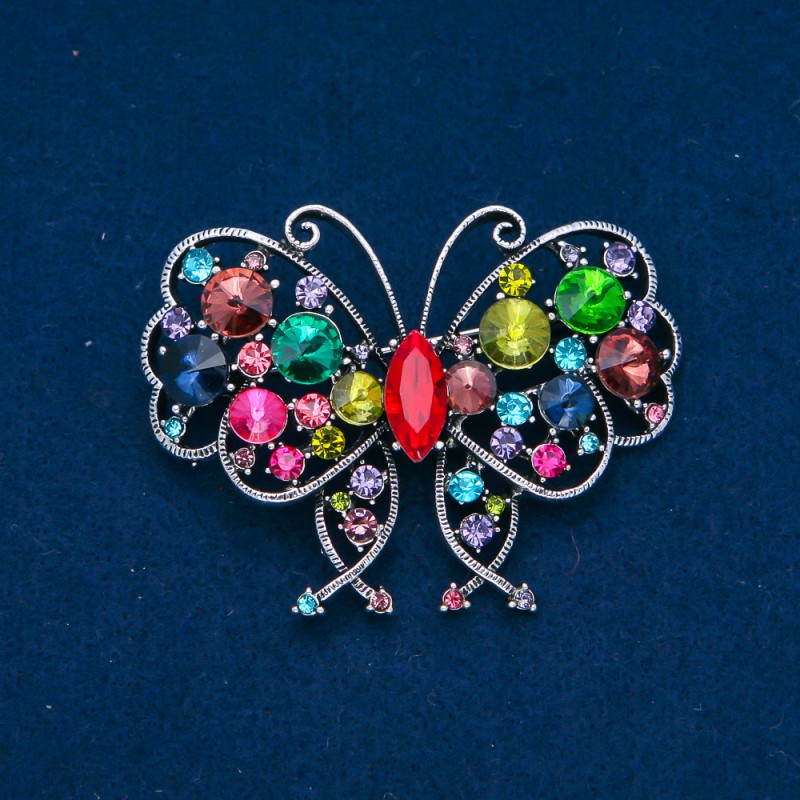 Sale! Butterfly Brooch Silver-Tone Metal, Multicolor Rhinestones 48x60mm +