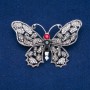Sale! Butterfly Brooch Silver-Tone Metal, Gray, White and Red Rhinestones 50x70mm +