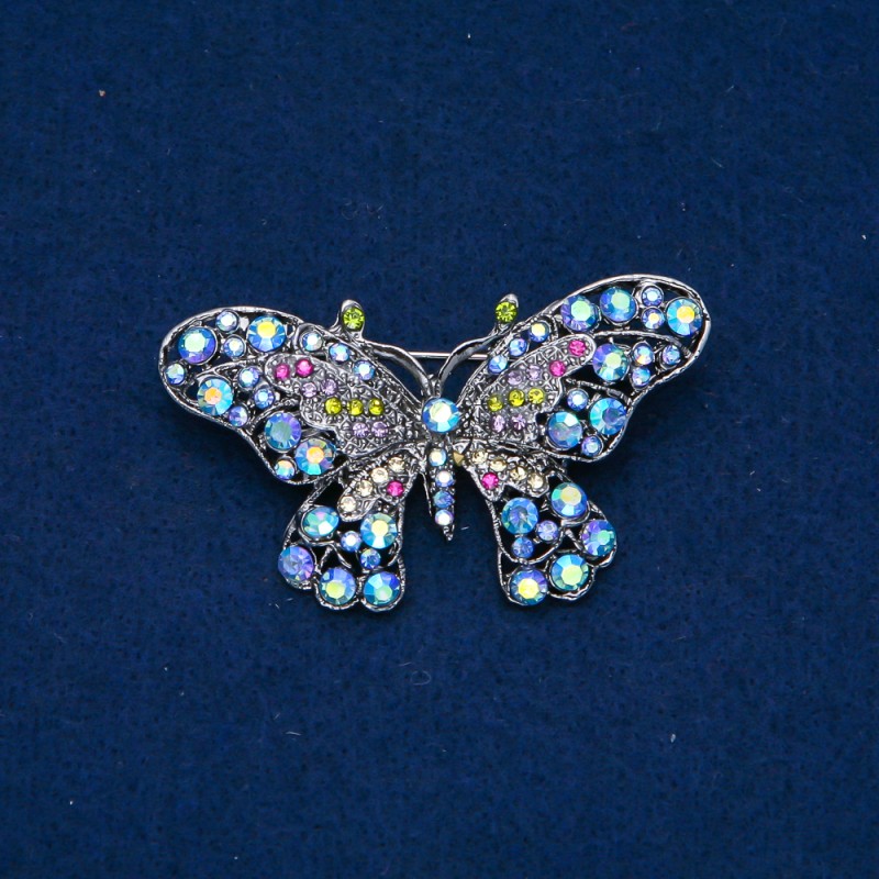 Sale! Butterfly Brooch Dark Silver-Tone Metal, Multicolor Rhinestones 32x60mm +