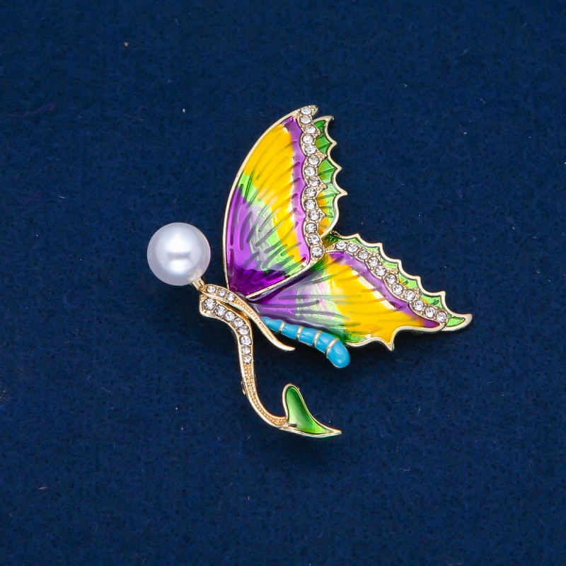 Sale! Butterfly Brooch Gold-Tone Metal, Enamel, White Rhinestones and Bead 53x44mm +