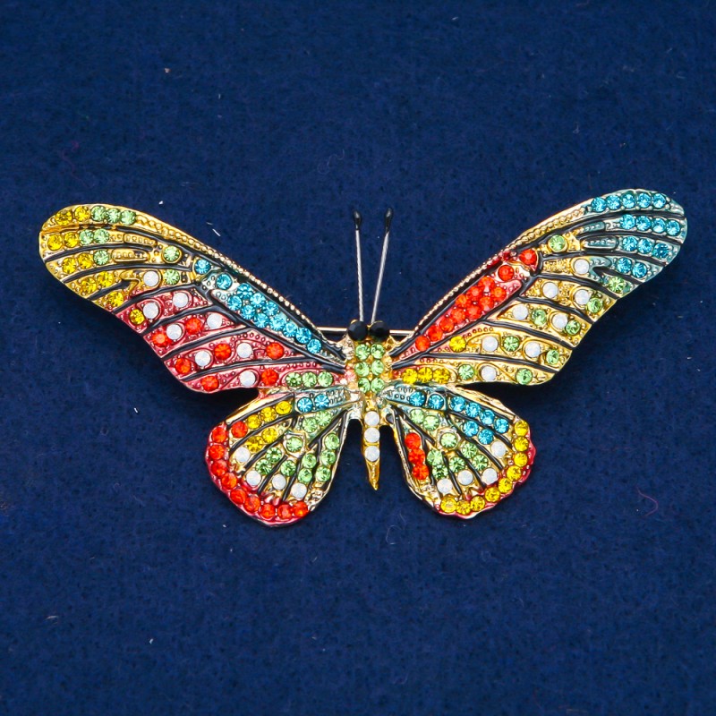 Sale! Butterfly Brooch Gold-Tone Metal, Multicolor Rhinestones 43x82mm +
