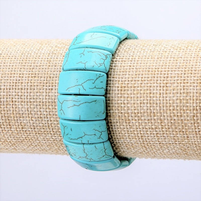 Green Turquoise Bracelet with Veining, Rectangular Stones 25x11mm+, on Elastic Band