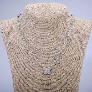 Xuping Chain with Pendant and White Rhinestone, Rhodium, Thickness 4mm+/- and 1.7mm+/-, Length 46cm+