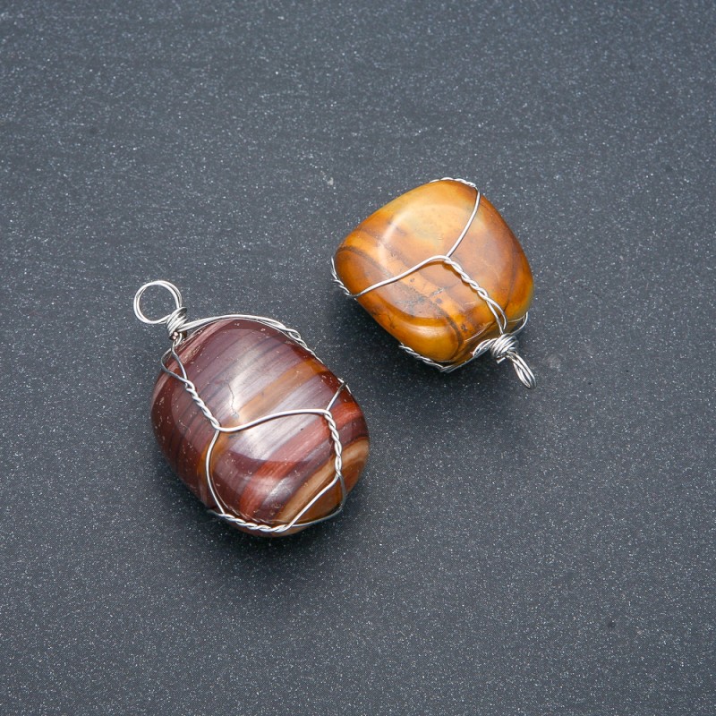 Pendant in Silver-Tone Wire Wrap, Natural Tiger's Eye Stone, diameter 35x20mm+