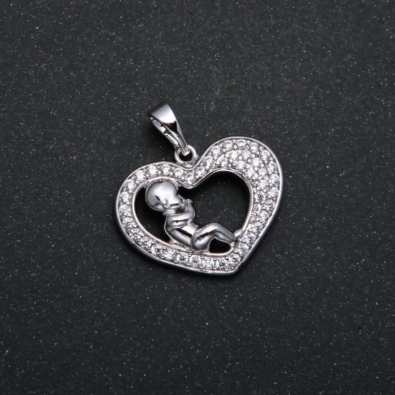 Xuping Pendant Rhodium Heart with Baby and White Rhinestones, diameter 23x21mm +
