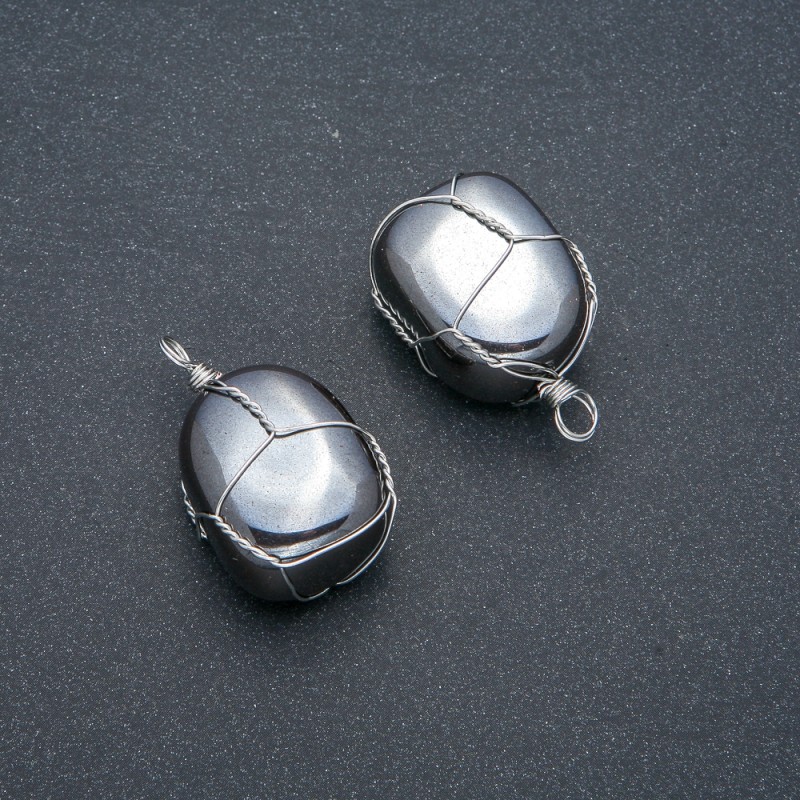 Silver-Wire Wrapped Hematite Pendant, 30x22mm diameter+