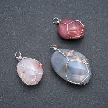 Pendant in Silver-Tone Wire Wrap with Natural Smoky Agate, diameter 30x22mm+