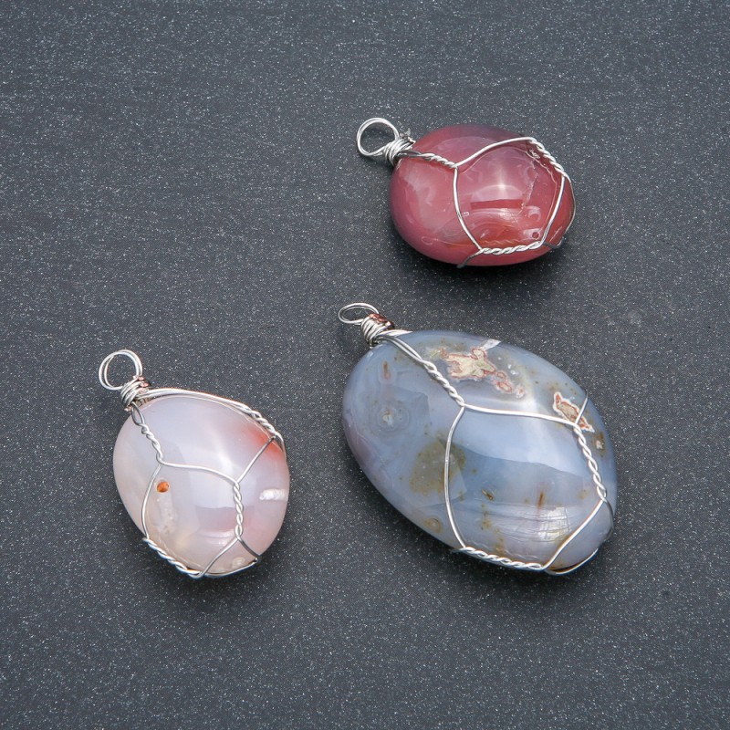 Pendant in Silver-Tone Wire Wrap with Natural Smoky Agate, diameter 30x22mm+