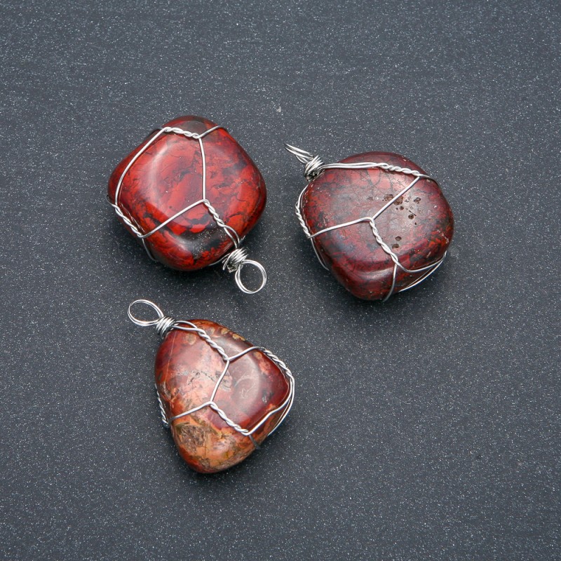 Pendant in Silver-Tone Wire Wrap with Natural Red Jasper, Diameter 32x22mm+