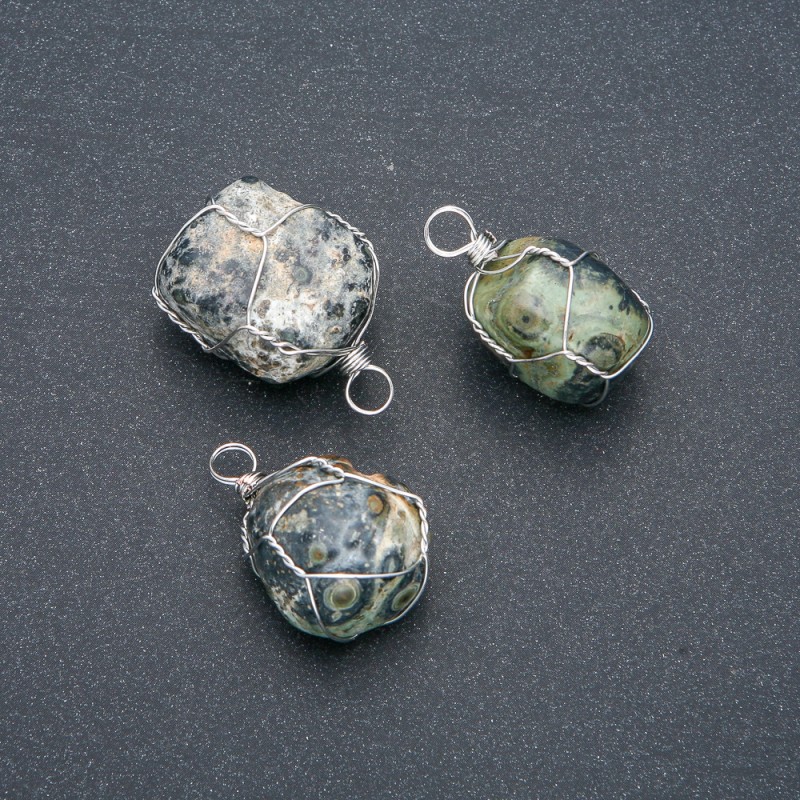 Pendant in Silver-Tone Wire Wrap with Natural Ocean Jasper, diameter 32x22mm+