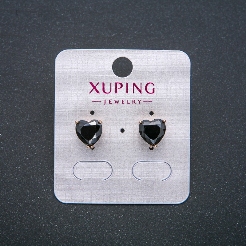 Xuping Heart Earrings, Stud Earrings, 18K Gold Plating with Black Crystal, Diameter 9mm +