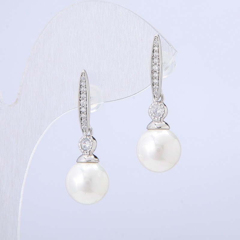 Xuping Stud Earrings, 18K Gold Plated, with White Bead and White Rhinestones, diameter 10mm +/-, length 31mm+